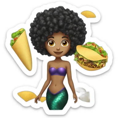 black large curly hair of mermaid with taco sticker