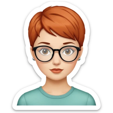 woman in her 20s with auburn pixie cut (side part) and glasses sticker