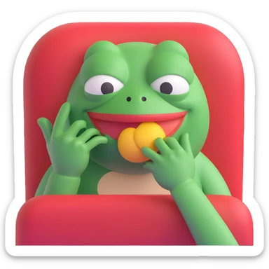 Pepe the Frog in a 3D emoji style, one hand over mouth, cheeks puffed, trying not to laugh, with a speech bubble 'bus garso'. Playful style similar to reference, no hat, cigar, drink, or bottle. Variant 3. sticker