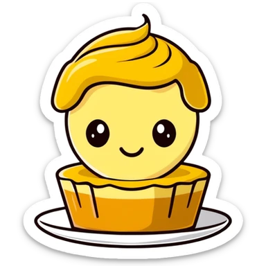 sticker emoji of a custard flan dessert, top shaped like François Fillon's head and hairstyle, friendly expression sticker