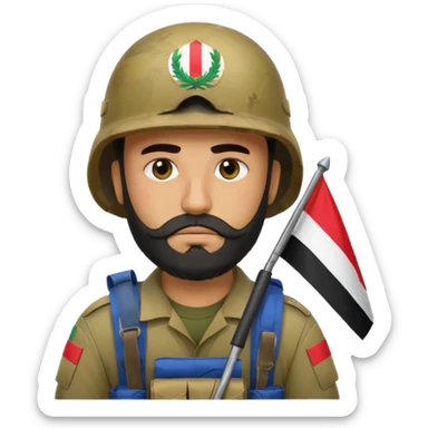 A very tired and sad, swarthy Iraqi soldier with a beard, an Iraqi flag on his helmet, a sad expression and bags under his eyes sticker
