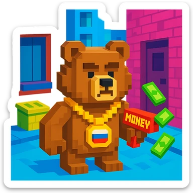 Russian grizzly bear with a rapper chain and a money gun, standing in a city alley sticker
