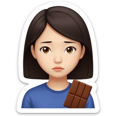 A young Asian female with a gloomy expression, thinking of chocolate sticker