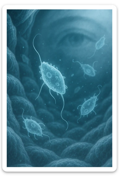 A detailed macro-style image of a translucent human intestinal wall under extreme magnification. Floating nearby are multiple protozoa — small, semi-transparent, shapeshifting organisms with flagella or cilia, glowing faintly under the microscope. In contrast, a faded overlay silhouette of a human eye is shown in the background, symbolizing how these organisms are invisible to unaided vision. The scene is softly lit with cool bluish tones, evoking a clinical and microscopic atmosphere. Focus is hyper-sharp on the protozoa, with blurred organic tissue textures in the background. Educational yet haunting, it shows how much remains unseen inside the body sticker