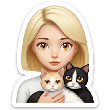 blonde girl with bob hair with brown eyes holding a black and white cat with orange eyes sticker