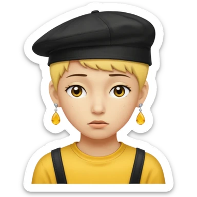 Create me an emoji like that, sad, with earrings, a black cap backwards, yellow skin like an emoji, and short hair down to the nape of my neck. sticker