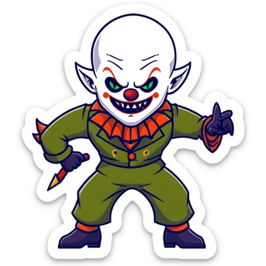 evil clown warrior, bald, small black satan-like horns on forehead, fangs, pointed ears, black and military green leisure suit with bellbottom pants, realistically proportioned, less bulky, full body, battle-ready fighting posture sticker