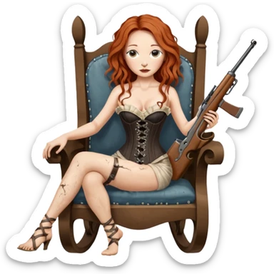 realistic cinematic Tori Amos sits on a rocking chair in a torn corset, holding an antique rifle and her bare feet are muddy. A white snake is wrapped around the chair. sticker