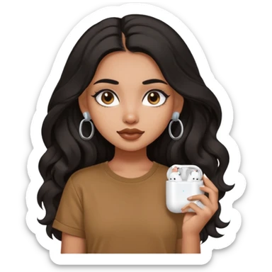 a pretty FAIR indian bratz girl with wavy long black hair, wearing an oversized brown tshirt,wearing airpods, eyeliner on sticker