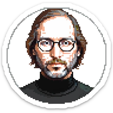 Steve Jobs with black turtleneck, round glasses, beard sticker