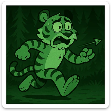 Make the cartoonish tiger run away from an arrow, add a dark forest background with a night vision effect, keep the flat toon style. sticker
