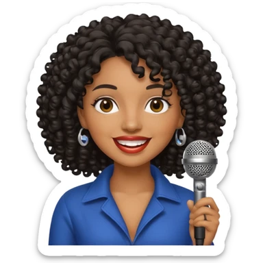 brown skin woman, curly black hair, singer, hold micro sticker