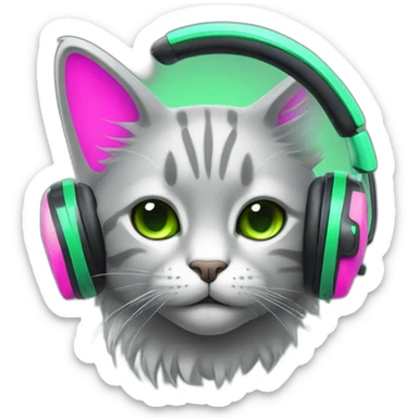 un gato gris con auriculares neon de color verde y rosa sticker
