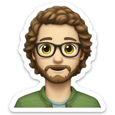 boy with green eyes with glasses shaggy brown hair brown beard pale skin sticker