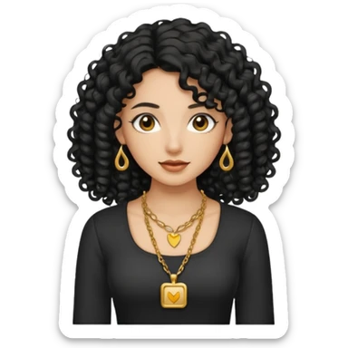 A tan girl with long black  curly hair, a gold necklace, and a square neckline shirt sticker