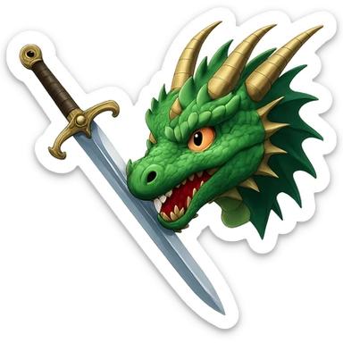 Make the sword much larger, keeping the fierce green dragon head and the medieval sword in confrontation. The background should be transparent. Maintain the style and details of the original image. sticker