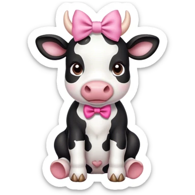 Cute black and white cow with a pink bow sitting down sticker