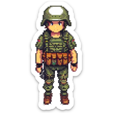 pixel art style soldier with gun, chest rig, backpack, and helmet sticker