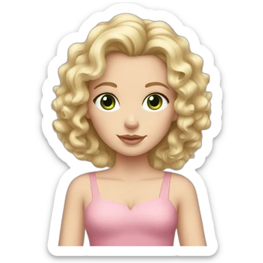 White girl with curly blonde hair grey-green eyes, pink dress sticker