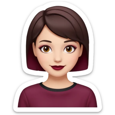 brunette girl, short hair, burgundy clothes, trendy heavy makeup, smiling sticker