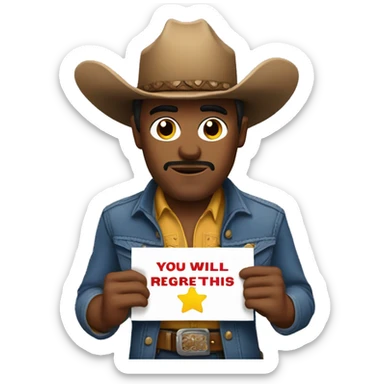 Cowboy holding a sign stating, you will regret this sticker