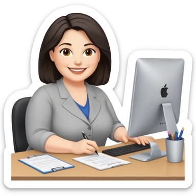 white woman; middle-aged; dark shoulder-length hair; full-figured; smiling; working at a desk sticker