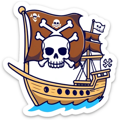 A pirate ship sailing on the open sea, with a skull and crossbones flag flying high, and pirates wearing bandanas and eye patches sticker
