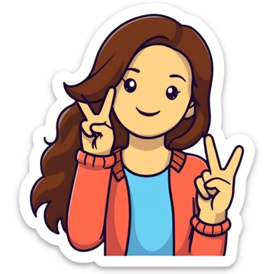 Young woman with long brown hair, smiling, making peace sign, TikTok star sticker