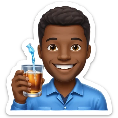 Black man holding dark blue mouthwash and a cup of whiskey, smiling with sparkling teeth, black background sticker