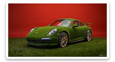 Medium shot of a porsche 911 made of green grass, red solid studio background, low keu light, top soft light, dutch angle,  captured by arri alexa sticker
