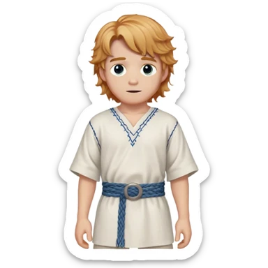 Medieval spring outfit worn by a DnD themed fantasy male character. Soft white cotton tunic with blue thread detailing along the seams, paired with a hand-woven belt of mixed fibers. Clothes only above the waist, full waist coverage. The character has no arms. Character is white-skinned with strawberry blonde hair, steel gray eyes, and medium-length wavy hair. sticker