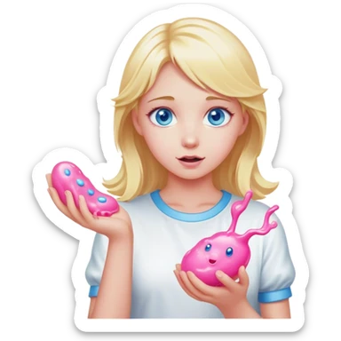 Blonde girl blue eyes playing with pink slime in hands sticker