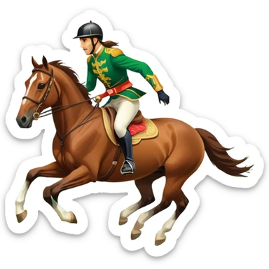 An icon showcasing a majestic horse and rider in full gallop across a lush green field. The background features a clear sky, distant mountains, and a vibrant landscape. The rider wears traditional gear, while the horse leaps with grace and power. Transparent background sticker