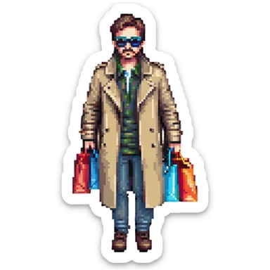mystery shopper wearing trench coat and sunglasses, holding shopping bag, pixel art style sticker