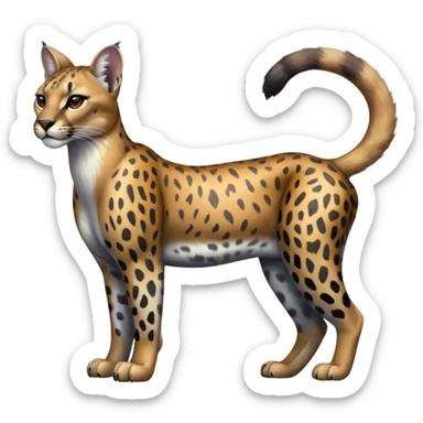 Realistic patterned marked edgy greyish blackish whitish silvery Shiny Colorful Glossy Cougar-Leopard-Caracal-Lioness-Bobcat-fusion-animal-hybrid-creature, full body, tufted ears, long thin tufted tail sticker