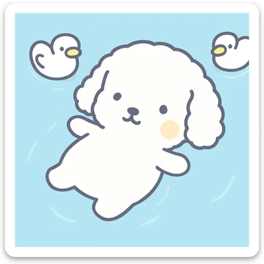 Replace the main character's head in the first image with the dog's head from the second image, keeping the original character's body and pose. Maintain the cute style and soft colors consistent with the original images. sticker