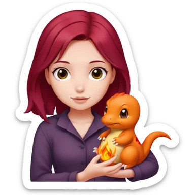 Beautiful burgundy haired girl holding charmander sticker