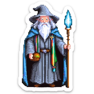 Gandalf the wizard with white beard, staff, and magical robe sticker