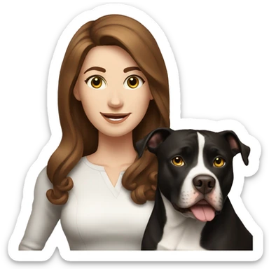 white woman with long brown hair and cat shaped eyes standing alongside a happy black pitbull  sticker