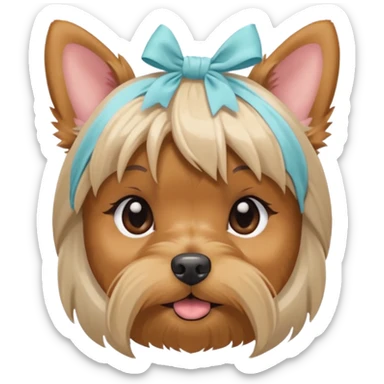 a Yorkshire Terrier face with a ponytail on head tied with a soft beige bow. Cute expression, flat design, pastel colors sticker