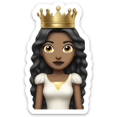 Queen with light to medium skin, long black hair,  mauve lips, skinny gold crown, white dress, and blank stare. sticker