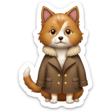 A dog wearing a cat with a coat sticker