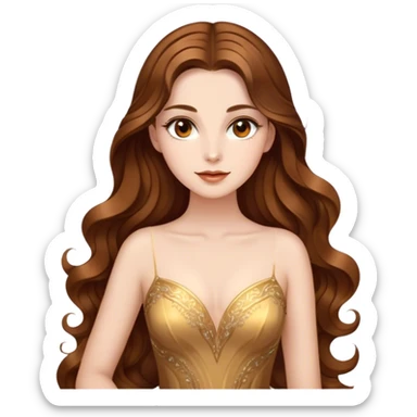 Cinematic Stunning Belle Portrait Emoji, Deep brown eyes full of curiosity, long chestnut hair flowing in soft waves, wearing her golden ballroom gown, glowing with warmth and elegance, a princess whose beauty is as radiant as her mind! sticker