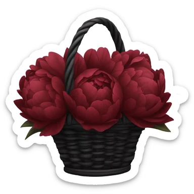 a large black basket of flowers consisting of dark red peonies in shades of burgundy and tulips in shades of red sticker