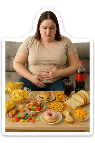 Donna tra i 25 e i 35 anni seduta sul divano o a un tavolo disordinato, circondata da cibi sparsi e poco sani: patatine, dolci, pane bianco, snack confezionati, bibite. con insulino resistenza sticker