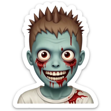 zombie boy with brown short spiky hair, white skin, and white eyes; an open smile, and bloodied teeth; sticker