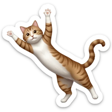 brown tabby and white cat with doing a big extremely long stretch reaching up into the air with arms and legs side by side together straight and overextended whilst lying on its side sticker