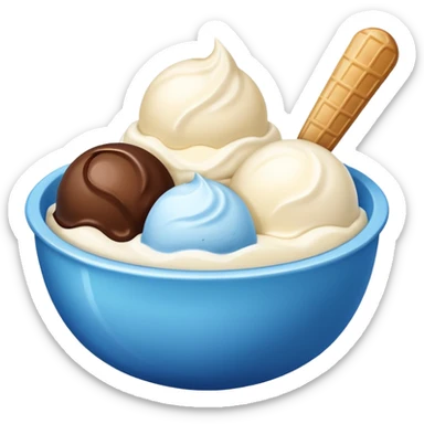 Blue bowl with 3 scoops of ice cream in it: white, brown, and white sticker