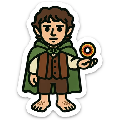 Whole body image of Frodo Baggins from the lord of the rings movie in pixel art style. Make Frodo look like the actor that portrayed him in the movie, Elijah Wood. Frodo is wearing the same green elven cloak with the leaf buckle, brown vest, cream undershirt, dark brown leather short pants, and hairy hobbit feet. He is holding the one ring in the palm of his outstretched hand. the ring is golden yellow with red elven inscription. sticker