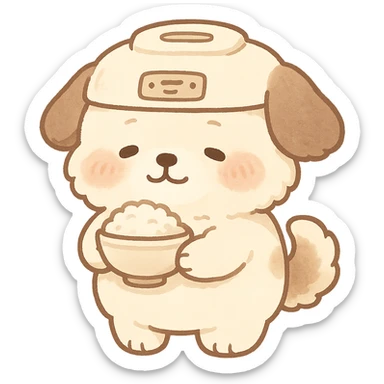 chibi soft fluffy rice cooker dog with a round belly, holding a rice bowl, soft cream and brown tones, full-body sticker